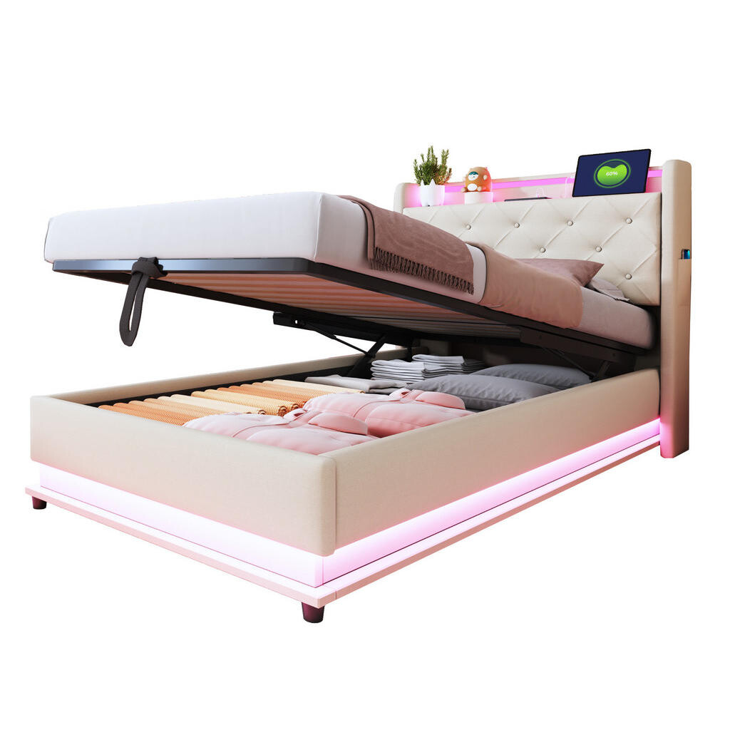 OKWISH ČALOUNĚNÁ postel 90/200 cm béžová z lněné látky s LED světly, USB a úložným prostorem