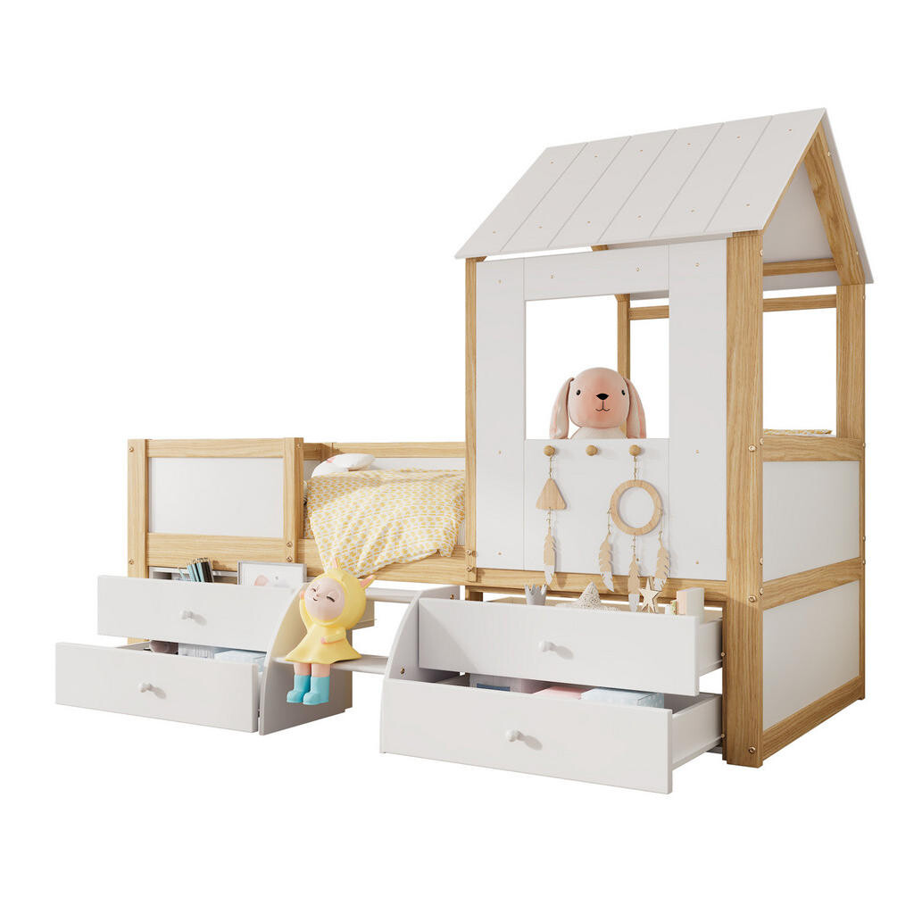 OKWISH POLODĚTSKÁ postel 90/200 cm bílá a přírodní z borovice, MDF a překližky s domečkem, schody a úložným prostorem