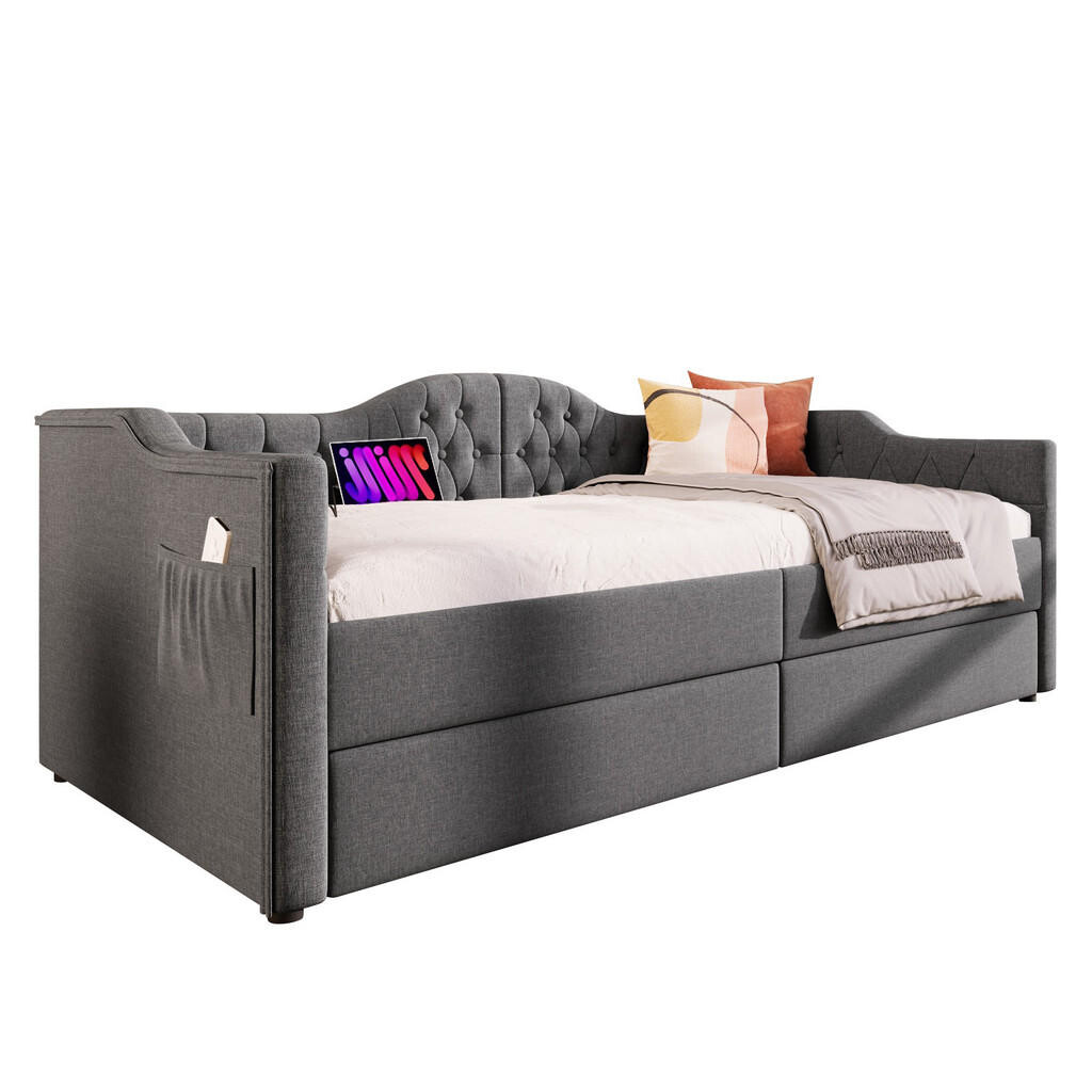 WISHDOR ČALOUNĚNÁ POSTEL 90/190 cm šedá len s 2 zásuvkami, USB portem a Type-C