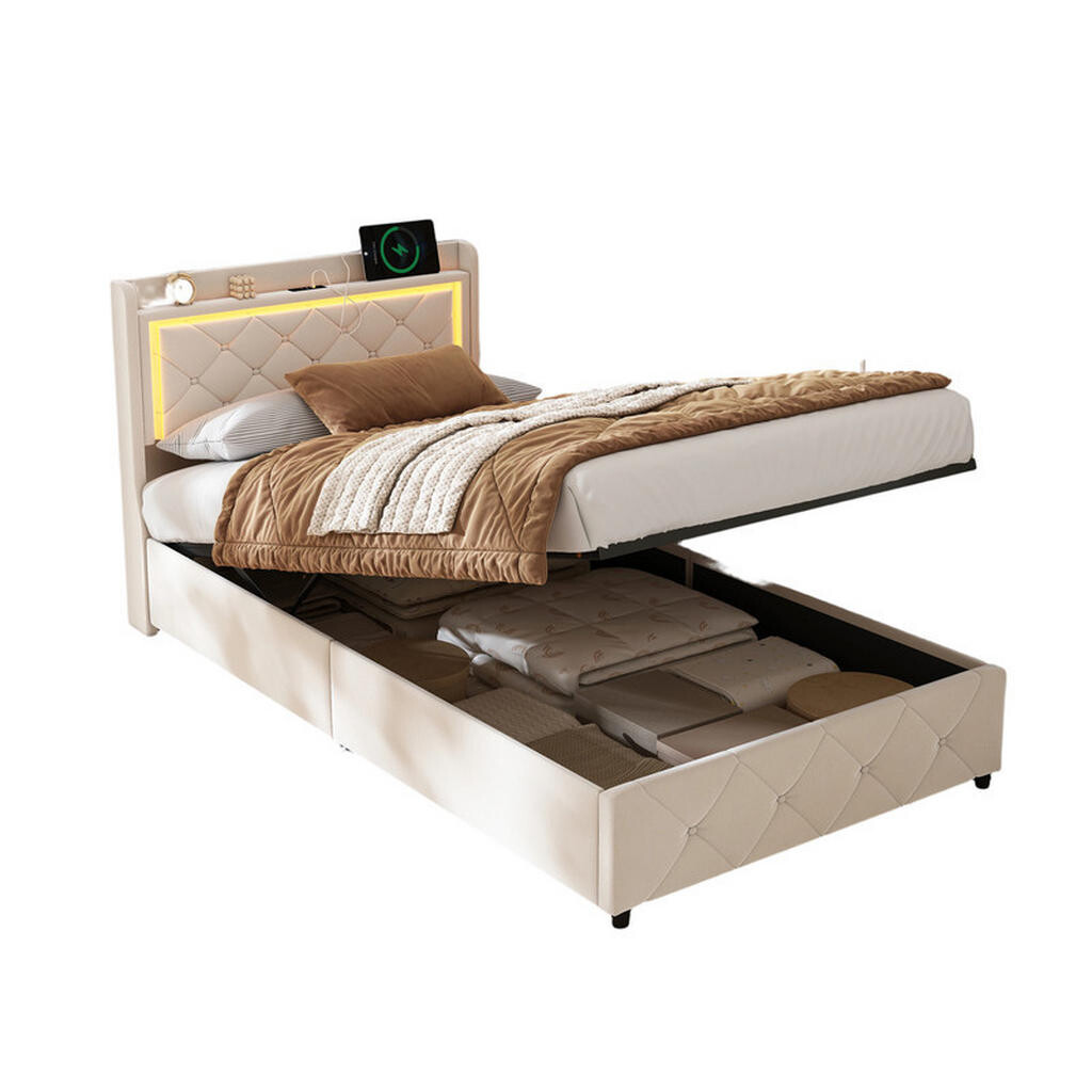 SHOPENTRA ČALOUNĚNÁ postel 90x200 cm béžová LED USB plynový výtah Bedbox