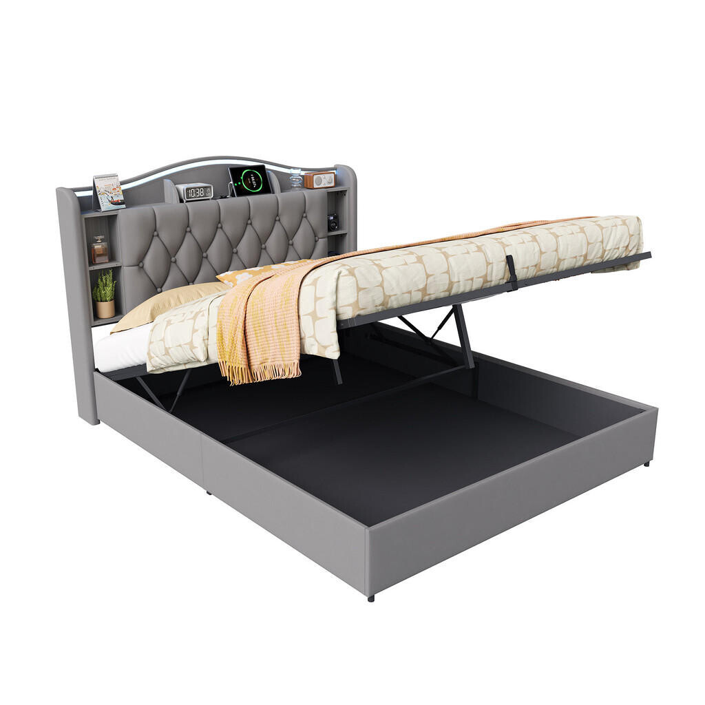SHOPENTRA ČALOUNĚNÁ postel 140/190 cm šedá s bed boxem a bezdrátovým nabíjením