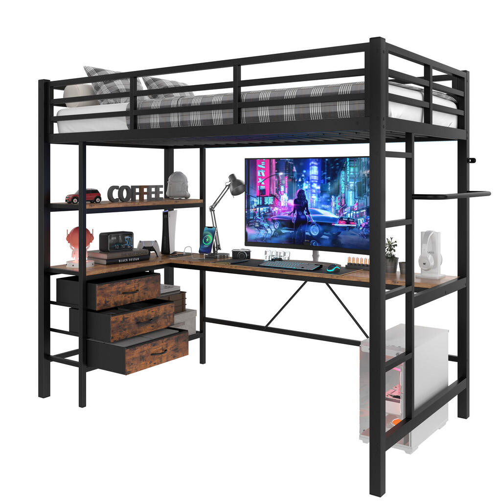 FLIEKS VYVÝŠENÁ POSTEL 90x200cm LED Stůl USB Zásuvky Černá