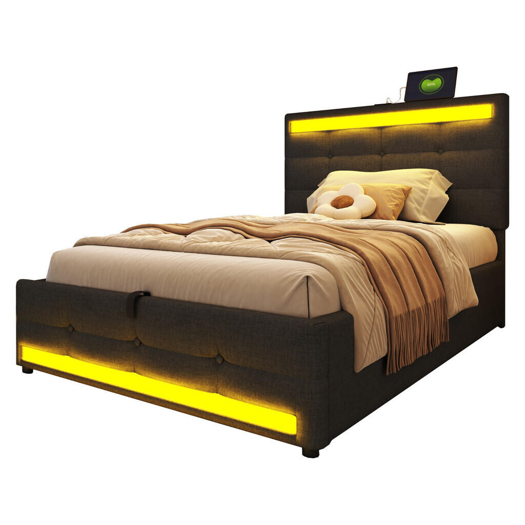 WISHDOR ČALOUNĚNÁ POSTEL 90x200 cm šedá s lněným vzhledem, LED osvětlením a USB portem