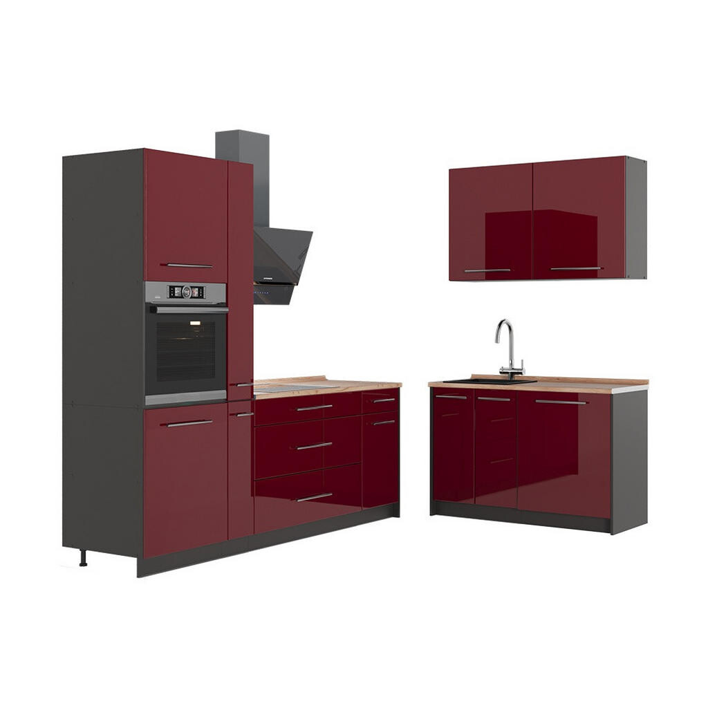 Vicco KUCHYNĚ Fame-Line, Bordó červená vysoký lesk/Antracit, 220 x 120 cm, PD Dub