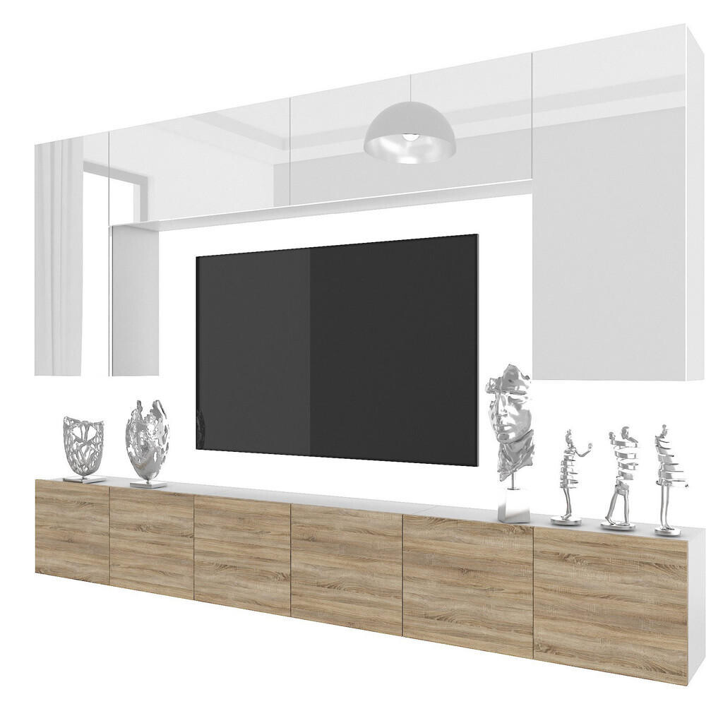 B BELINI GROUP OBÝVACÍ STĚNA Milano 2, Bílá / Dub Sonoma, 300 cm, Bezúchytková