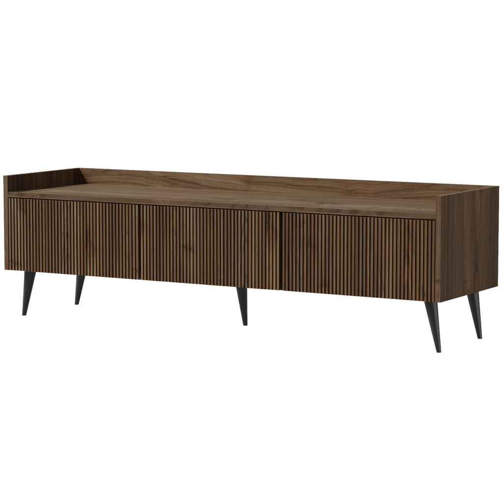 Beautysofa NÍZKÁ KOMODA Amfali se 3 výklopnými dvířky, drážkovaná čela, systém Push-to-open, kovové nohy, 150 cm, ořechová barva