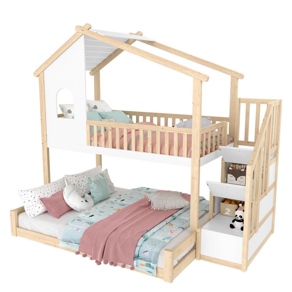 OKWISH PATROVÁ postel 90/200 cm přírodní bílá z borovice s úložným schodem, vzhled domu