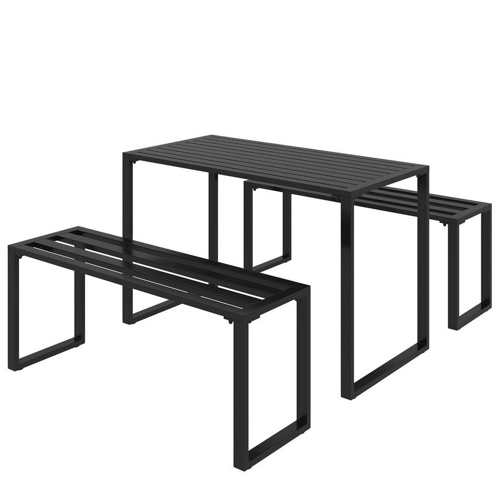 OKWISH ZAHRADNÍ sedací souprava 110/55/70 cm černá z kovu s stolem a 2 lavicemi