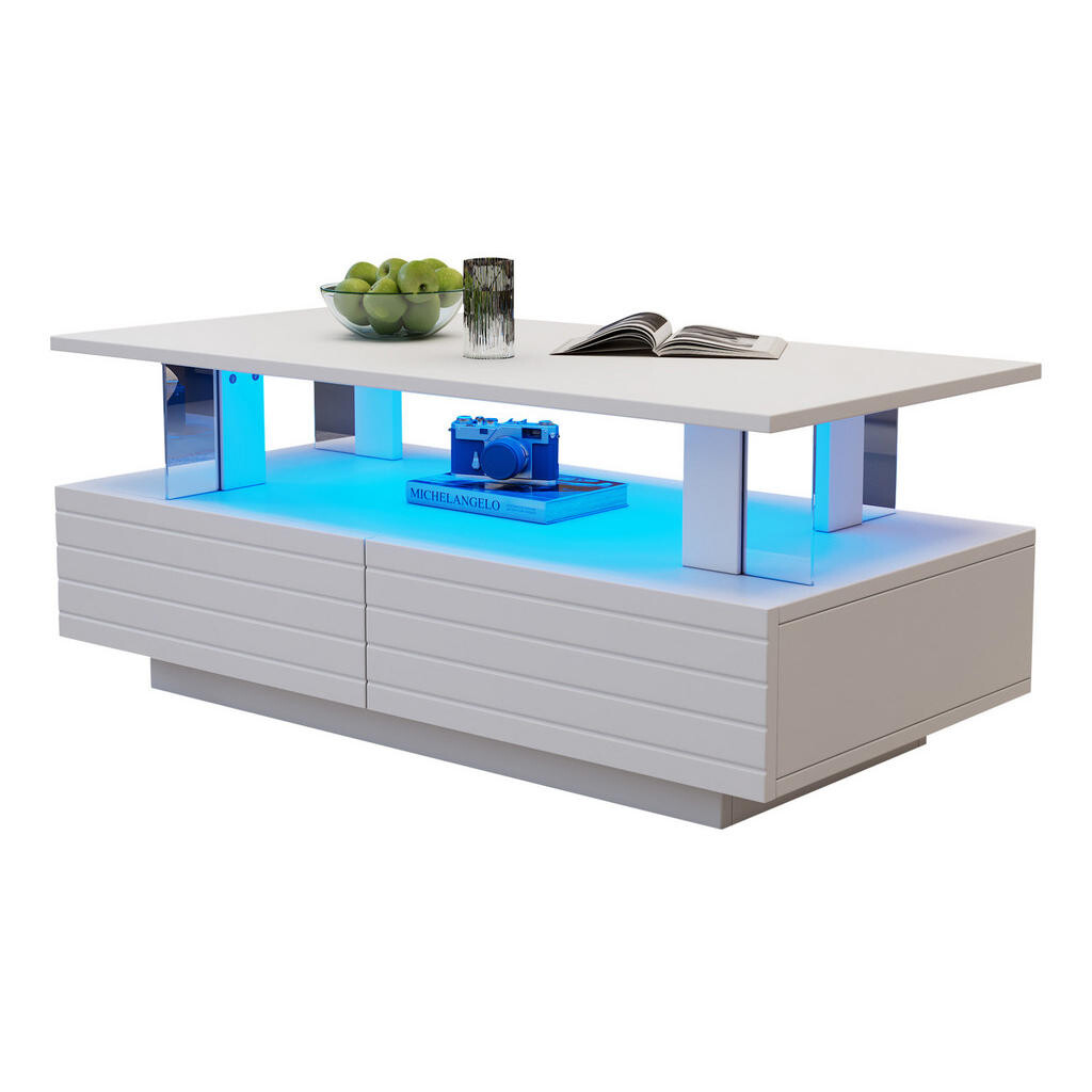 Redom KONFERENČNÍ stolek 100/50/42 cm s LED osvětlením, ovládáním přes aplikaci a úložným prostorem, Bílá