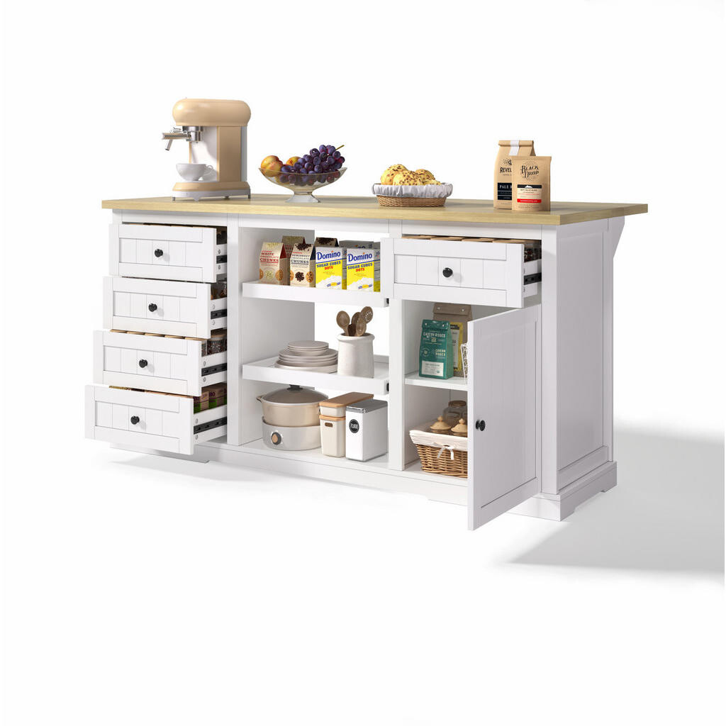 OKWISH KUCHYŇSKÝ ostrůvek 150/65/75,5 cm bílá a přírodní z MDF s výklopnou deskou a zásuvkami