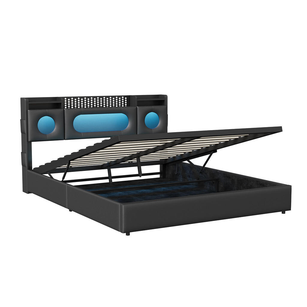 SHOPENTRA PU POSTELKA 140X200CM ČERNÁ ÚLOŽNÝ PROSTOR LED USB TYP-C