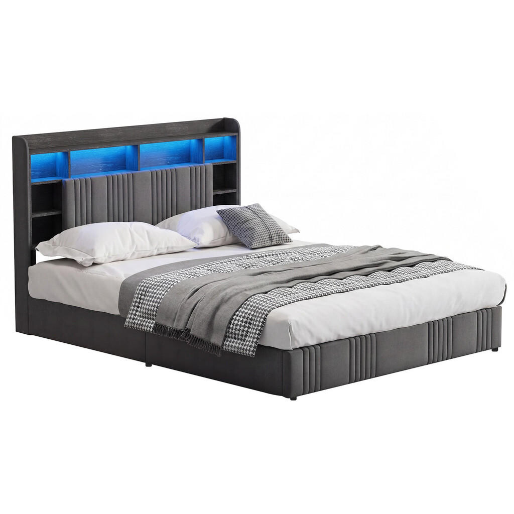 SHOPENTRA ČALOUNĚNÁ postel 140x200 cm tmavě šedá lněná s boxem, hydraulikou, LED RGB a USB zásuvkou