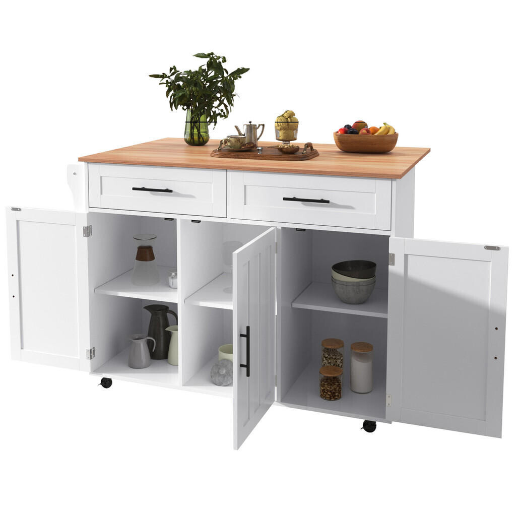 SHOPENTRA KUCHYŇSKÝ ostrůvek, bílý, 129 cm, se skládací deskou, 2 zásuvkami a kolečky