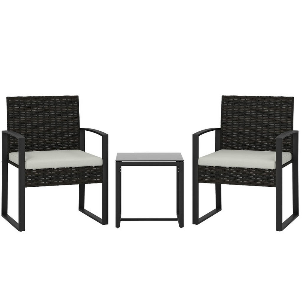 OKWISH BALKONOVÝ set 55/58/76 a 40/40/40 cm krémově šedý z oceli s polstry a skleněným stolkem