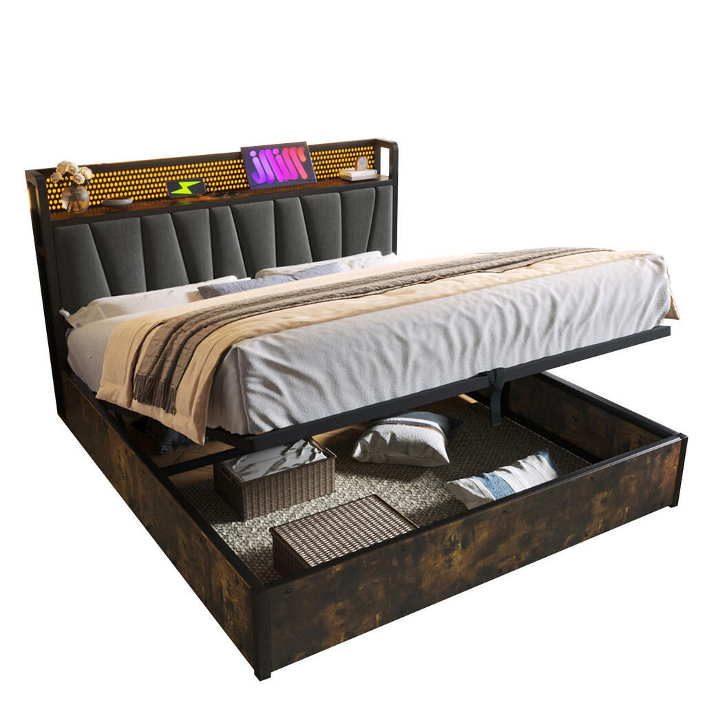 Redom ČALOUNĚNÁ postel 180/200 cm s LED osvětlením, USB porty a zásuvkami, úložným prostorem, Šedá