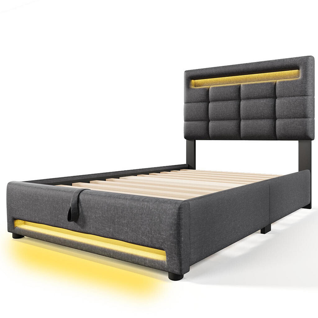 KOMHTOM POLŠTÁŘOVÁ POSTEL 90x200 cm s USB zásuvkou, len, šedá