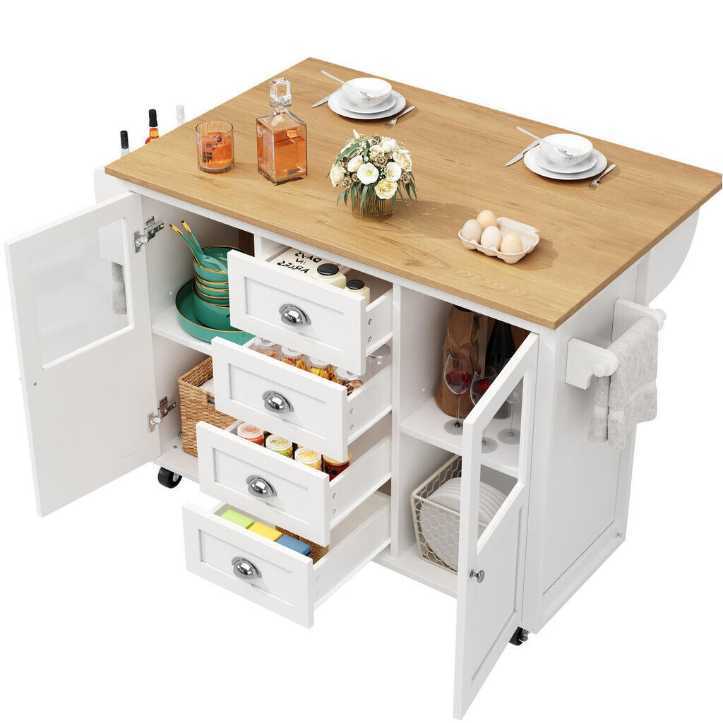 OKWISH KUCHYŇSKÝ ostrůvek 137,9/73/92,5 cm bílý z MDF a kovu s výklopnou deskou a kolečky