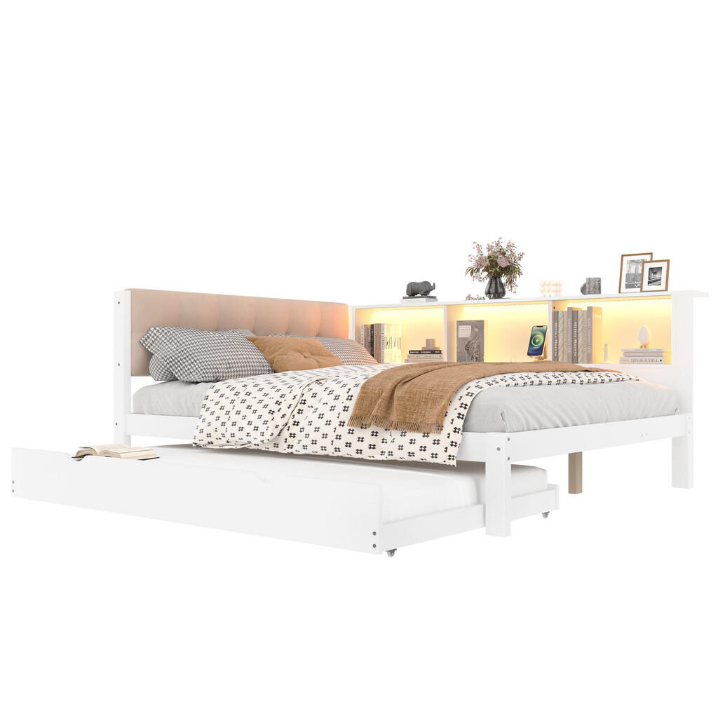 FLIEKS DENNÍ POSTEL 140x200cm Borovice LED USB Výsuvná Bílá