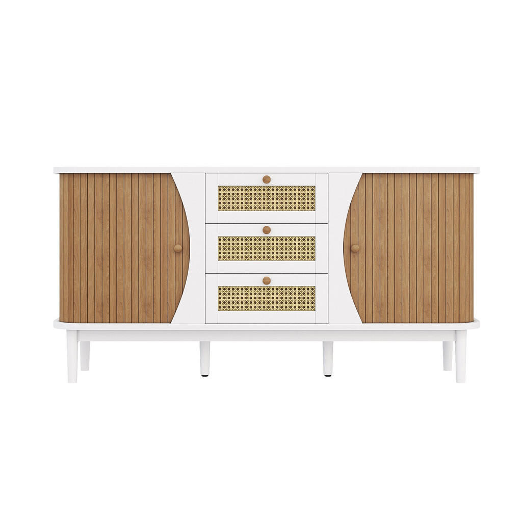 Urban Meuble SIDEBOARD v bílé barvě a dekoru dřeva ratanová komoda se 3 zásuvkami a obloukovým designem