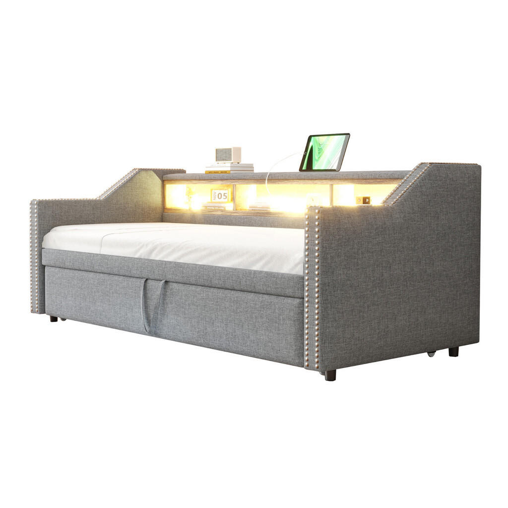 Redom ČALOUNĚNÁ postel 90/180 x 190 cm s výsuvným lůžkem, úložnými přihrádkami, LED osvětlením a USB portem, Světle šedá
