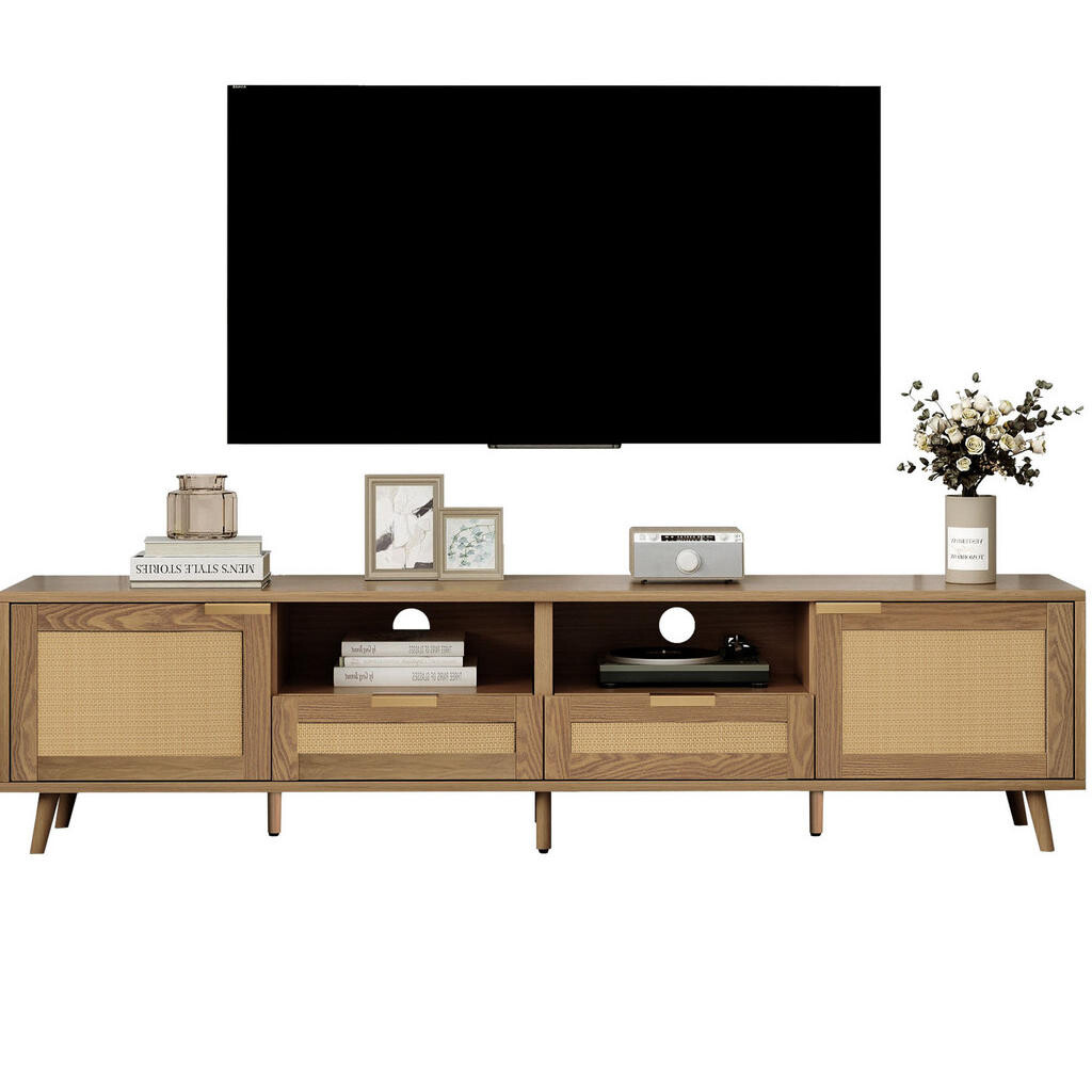 OKWISH TV stolek 200/37/49 cm dub z dřevotřísky s ratanovým designem a nastavitelnými nohami