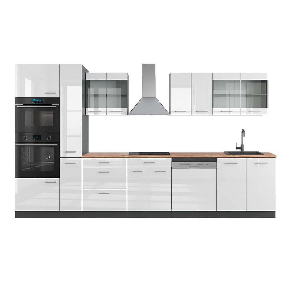 Vicco KUCHYNĚ R-Line Bílý vysoký lesk/antracit 350 cm s vysokou skříní, PD Dub