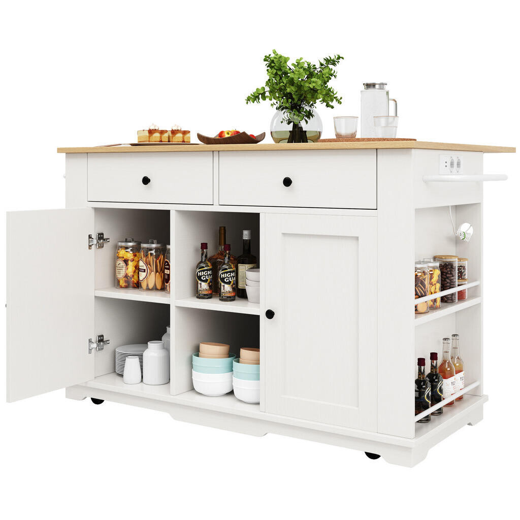 Redom KUCHYŇSKÝ ostrůvek 151,5/59,7/91,7 cm s výklopnou boční deskou, zásuvkami, úložným prostorem a kolečky, Bílá+Přírodní