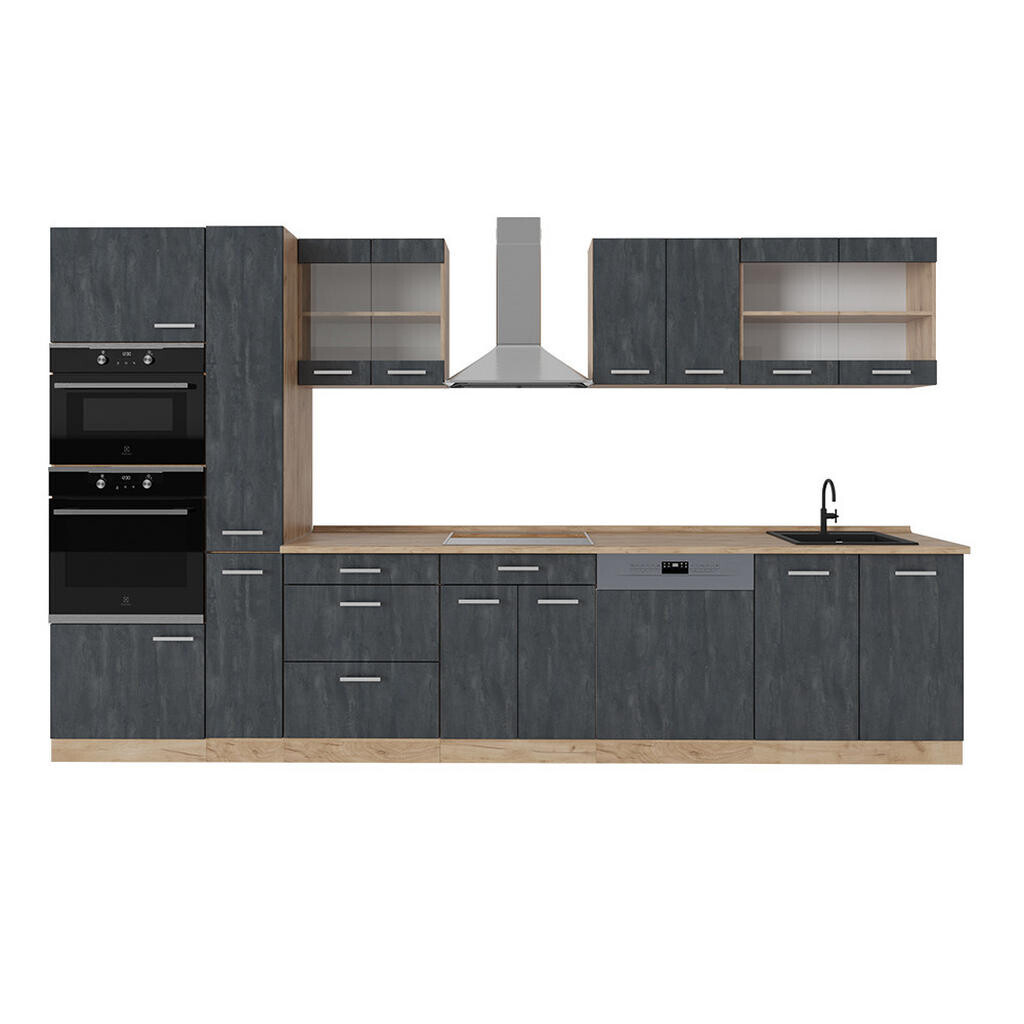 Vicco KOMPLETNÍ KUCHYNĚ R-Line Černý beton/zlatý dub 350 cm , PD Dub