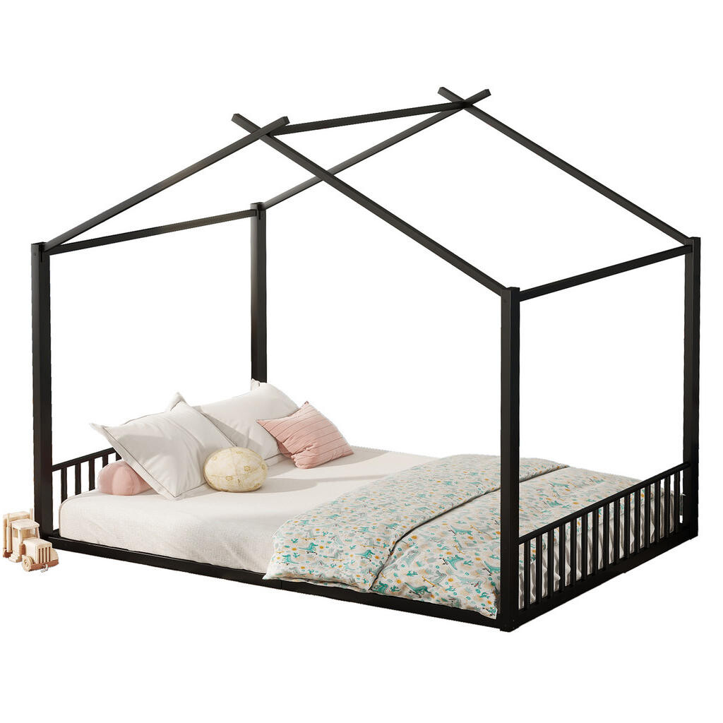 OKWISH DĚTSKÁ postel 140/200 cm černá z kovu s konstrukcí ve tvaru domu