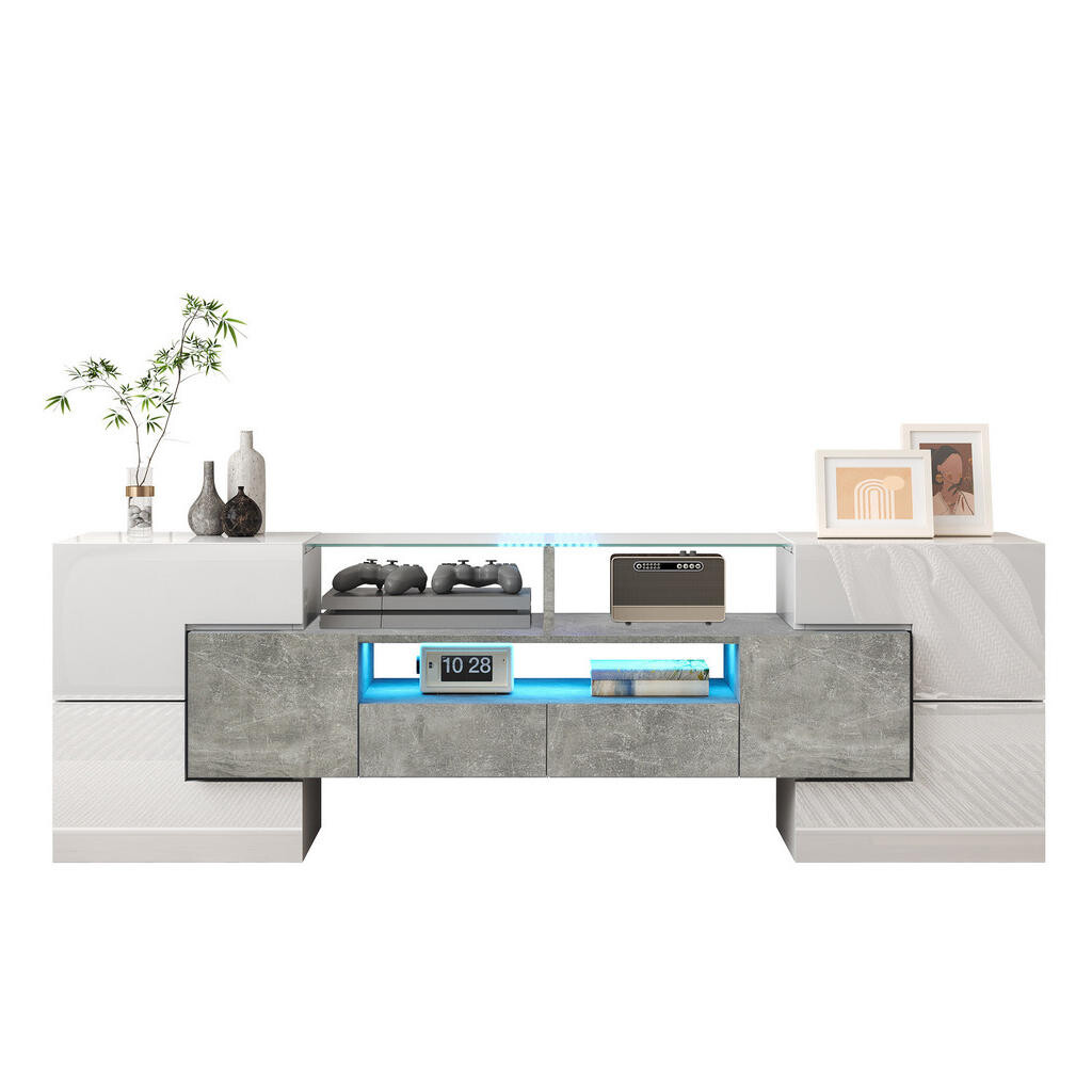 Redom TV stolek 145/30/51 cm s LED osvětlením a velkorysým úložným prostorem, lesklá bílá