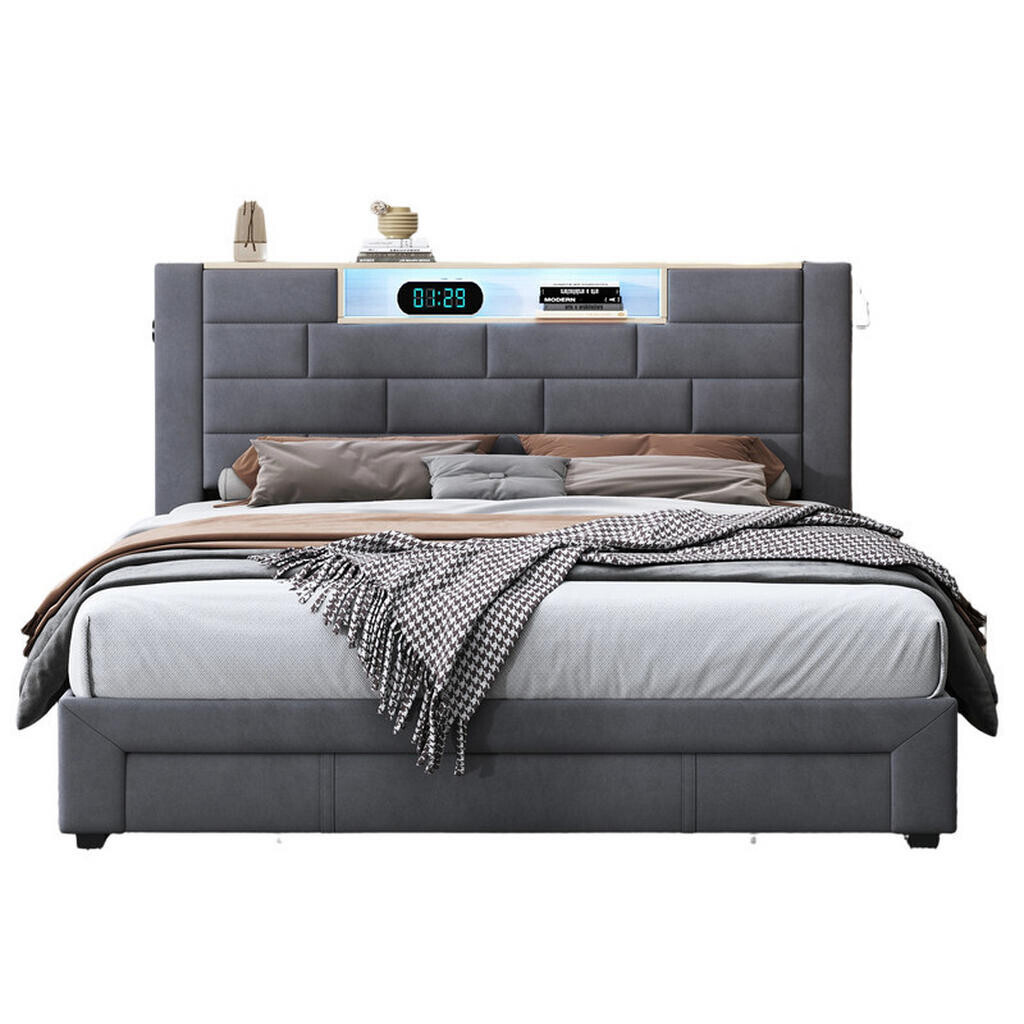 SHOPENTRA ČALOUNĚNÁ postel 140x200 cm šedá s LED, USB, 3 zásuvkami