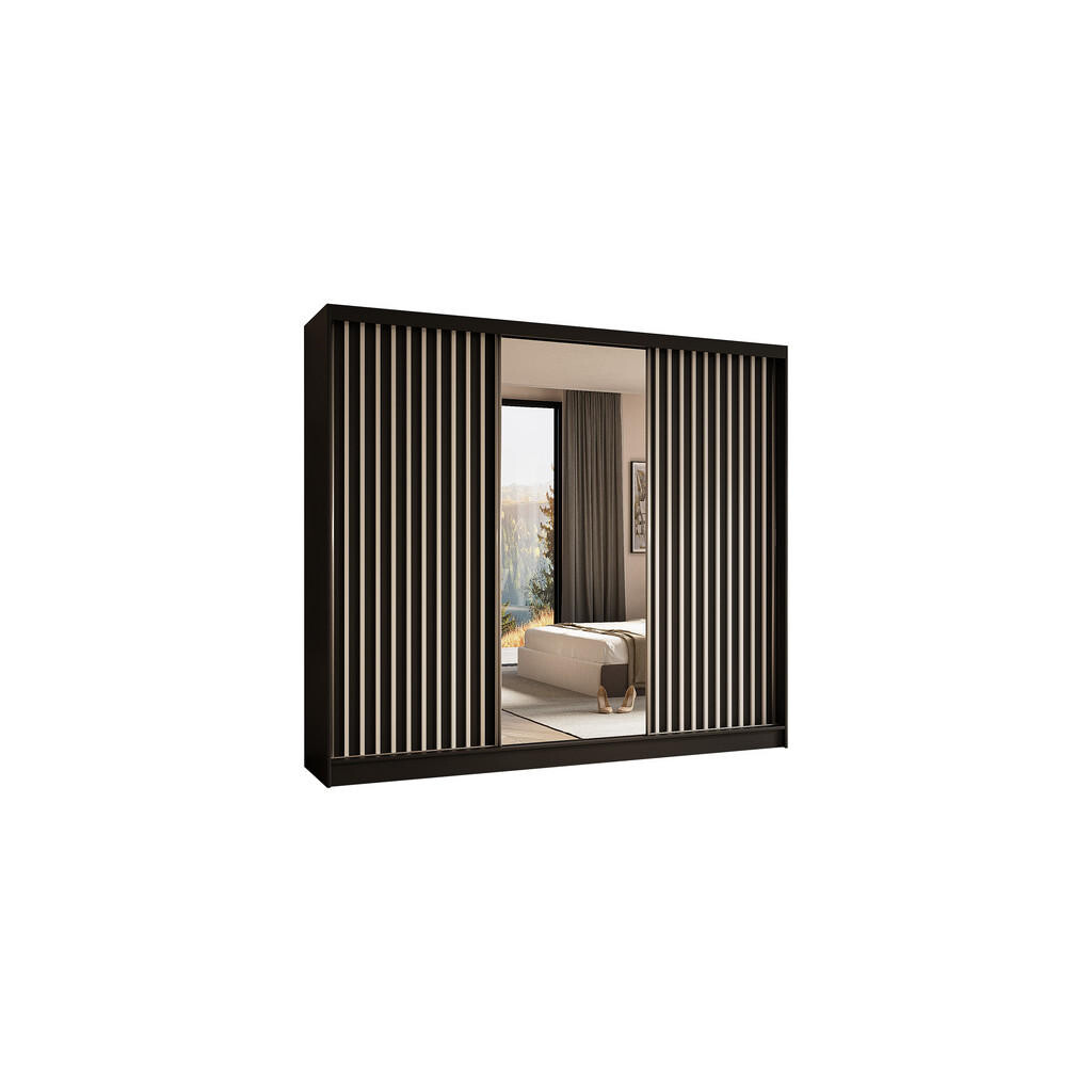 ALTDECOR ŠATNÍ SKŘÍŇ s posuvnými zrcadlovými dveřmi a hliníkovými lamelami – LAMELO – 240 cm černá+černá+bílá