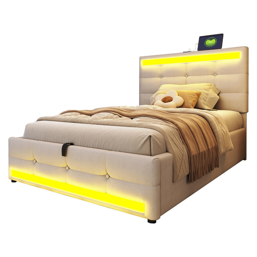 WISHDOR ČALOUNĚNÁ POSTEL 90x200 cm béžová s lněným vzhledem, LED osvětlením a USB portem