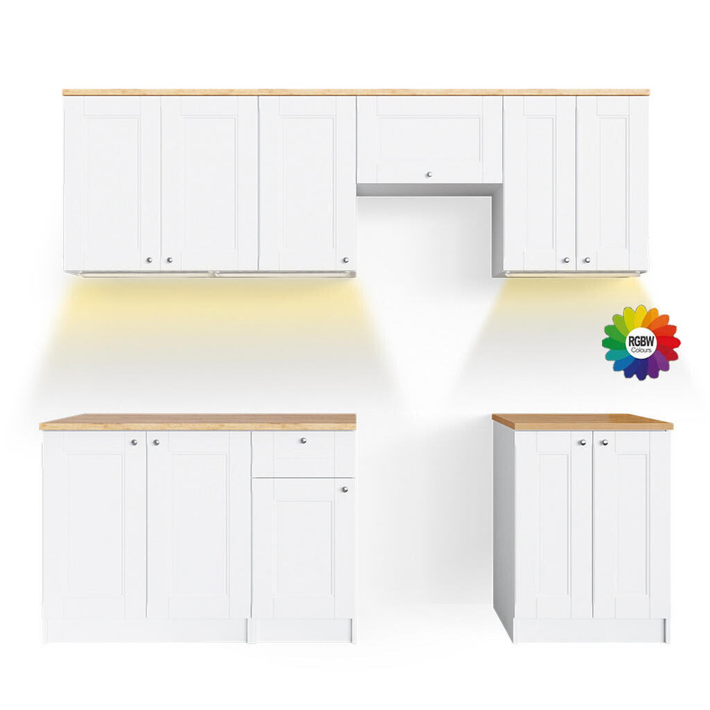 Vicco KUCHYŇSKÝ KOUT Bergamo Bílá 240 cm s pracovní deskou s páskem LED