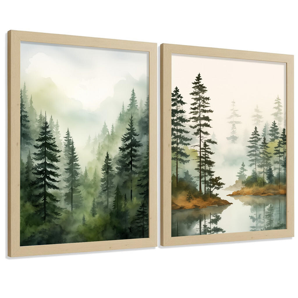 Nacnic PLAKAT Sada 2 dekorativních tisků Nordic Forest Landscape Moderní obývák Obrázky - zelené a hnědé dekorativní plakáty A3 Světlý dřevěný rám
