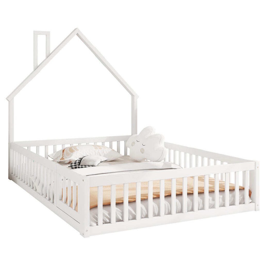 OKWISH DĚTSKÁ postel 140/200 cm bílá z borovice a MDF s komínovým tvarem a bezpečnostní zábranou