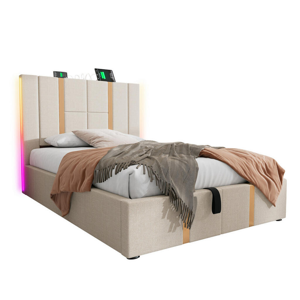 Redom ČALOUNĚNÁ postel 90/200 cm s LED osvětlením, USB-C a hydraulickým úložným prostorem, béžová