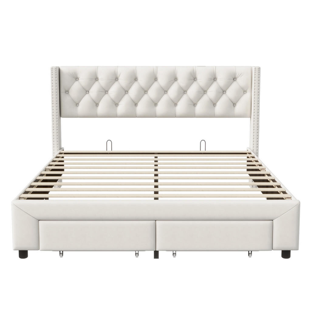 SHOPENTRA ČALOUNĚNÁ postel 180x200 cm béžová sametová LED USB bed box