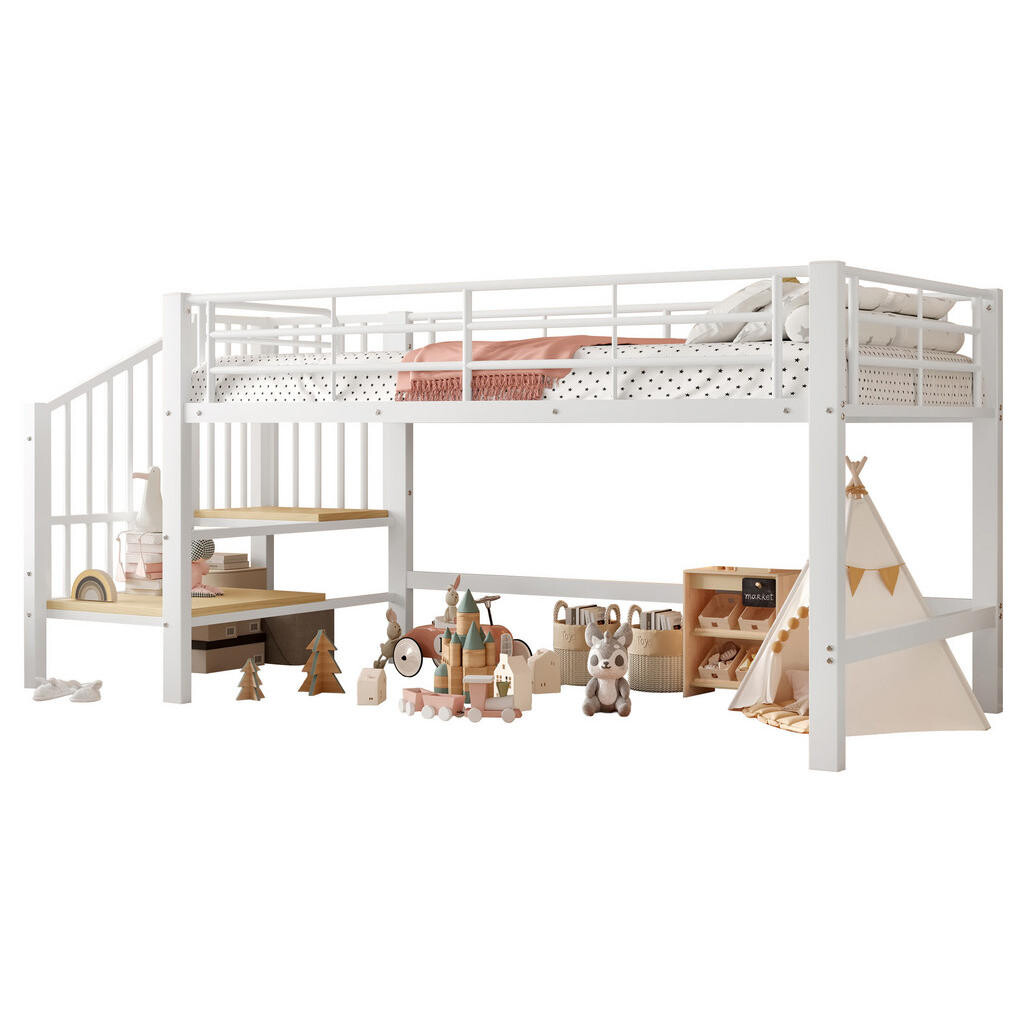 OKWISH PATROVÁ postel 90/200 cm bílá, polovysoká, s úložnými schody z MDF a kovu