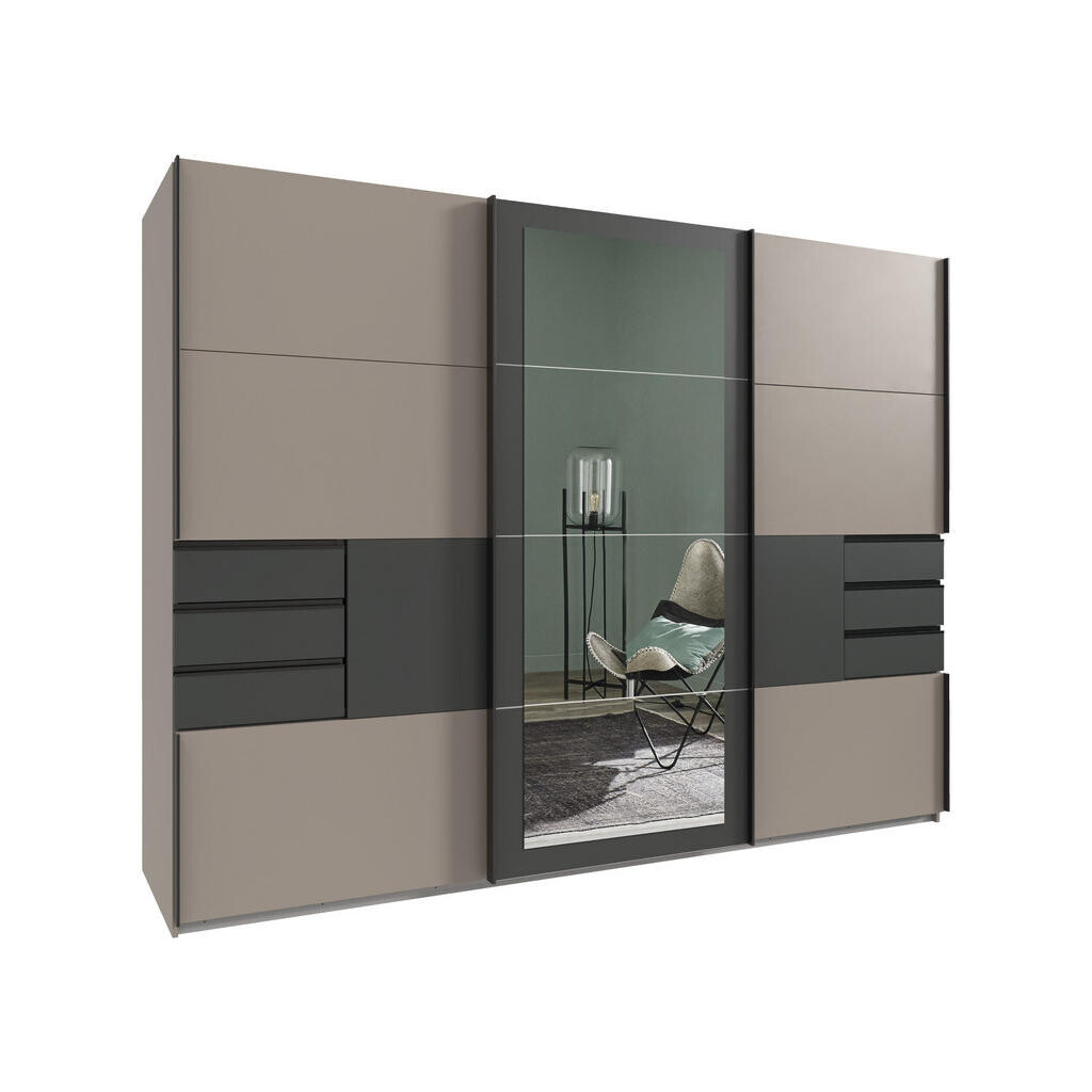 luma-home SKŘÍŇ S POSUVNÝMI DVEŘMI, 3dveřová, 270 × 208 × 64 cm (Š×V×H), v pískově šedé barvě s grafitovými akcenty, zrcadlem a zásuvkami / 22507