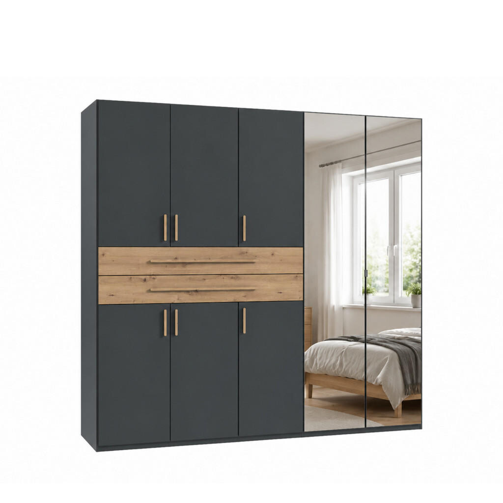 luma-home SKŘÍŇ S OTOČNÝMI DVEŘMI B225/H208/T58 cm v barvě grafit, šatní skříň se 2 zrcadlovými dveřmi, 2 zásuvkami a úchytkami v dekoru dub Artisan /