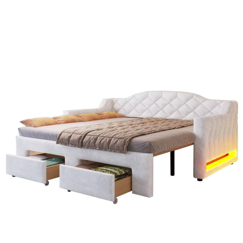OKWISH ČALOUNĚNÁ postel 90/200 cm bílá z MDF a překližky s výsuvem, LED a 2 zásuvkami