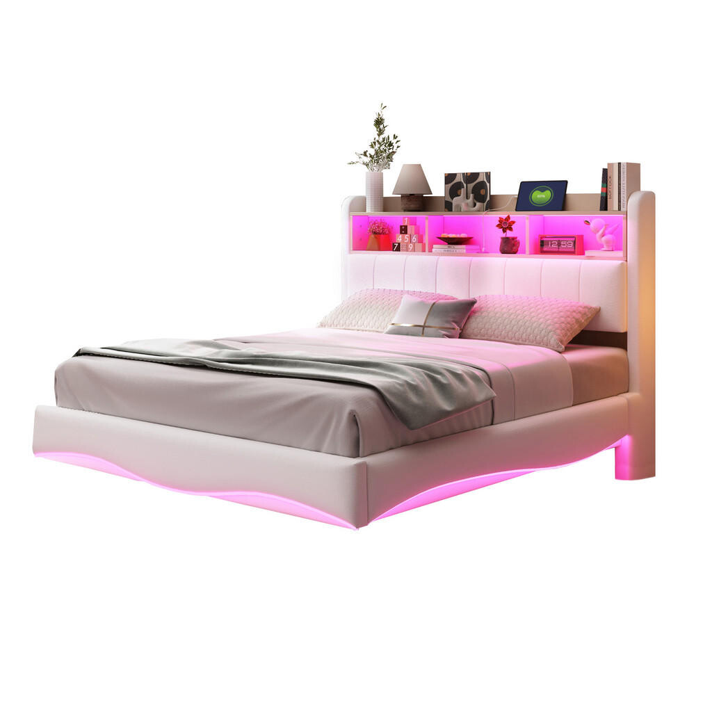 WISHDOR ČALOUNĚNÁ POSTEL 140x200 cm béžová s LED osvětlením, USB a Type-C portem, úložným prostorem, lněný vzhled