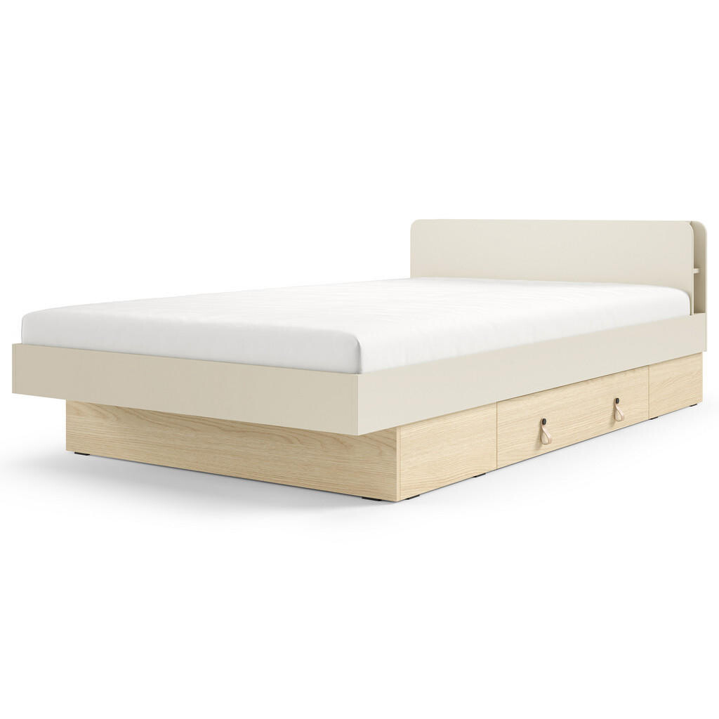 Beautysofa POSTEL Sorella 120 × 200 cm s lamelovým roštem a úložnou zásuvkou, bez matrace, macadamia + dub Mavelie
