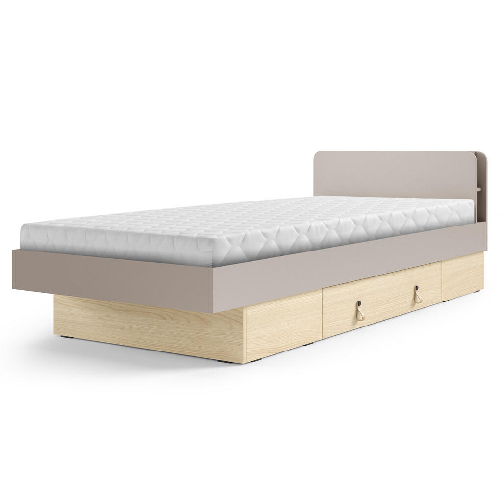 Beautysofa POSTEL Sorella 90 × 200 cm s lamelovým roštem a úložnou zásuvkou, s matrací 26 cm, porcini + dub Mavelie