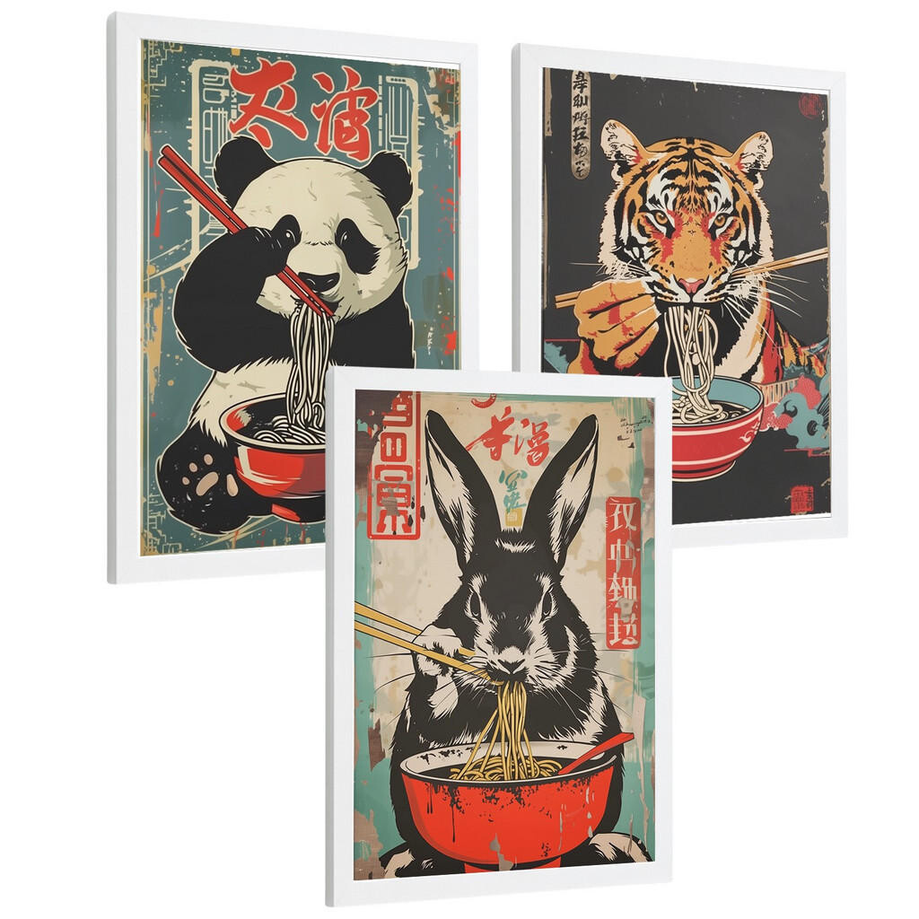 Nacnic PLAKAT Sada 3 Ramen Animals A3 Bílý rám
