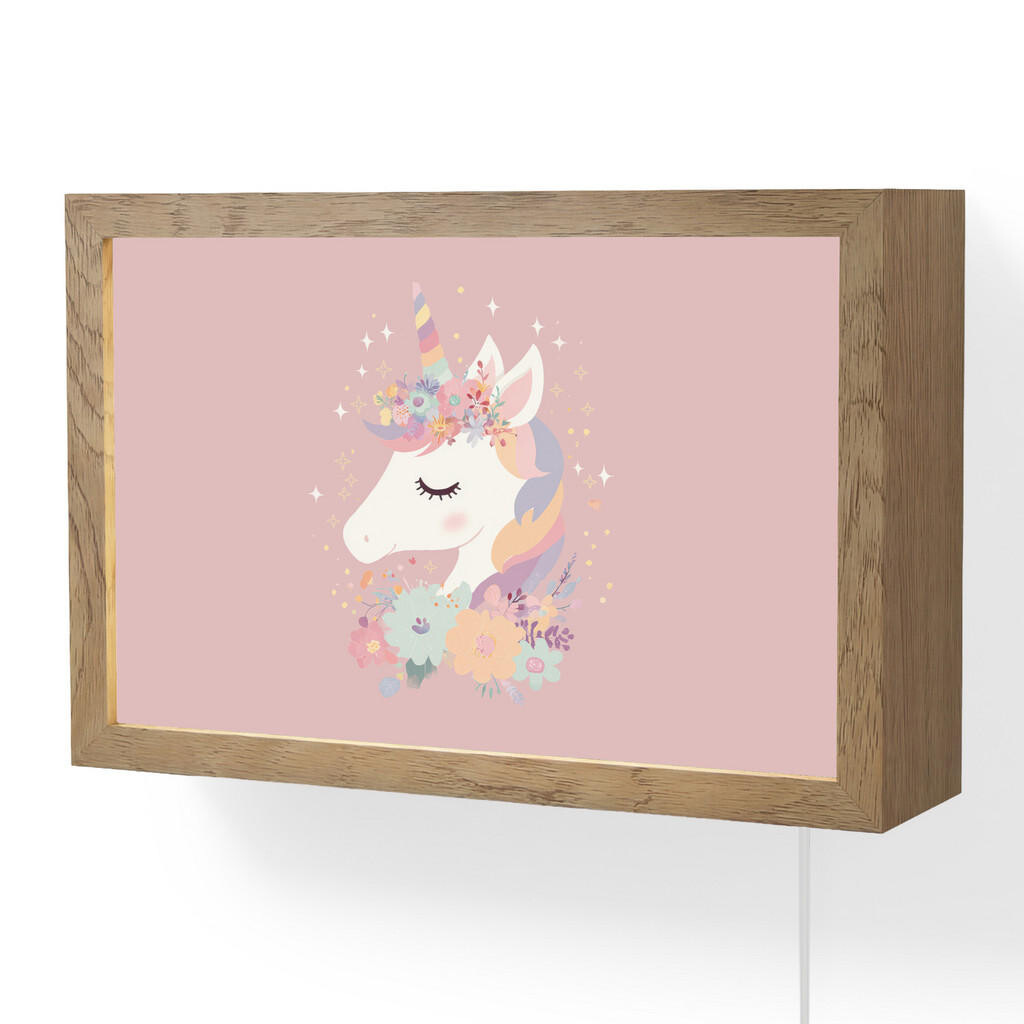 OnlyWow NÁSTĚNNÁ LAMPA Jednorožec - růžová - květiny 30x20 cm