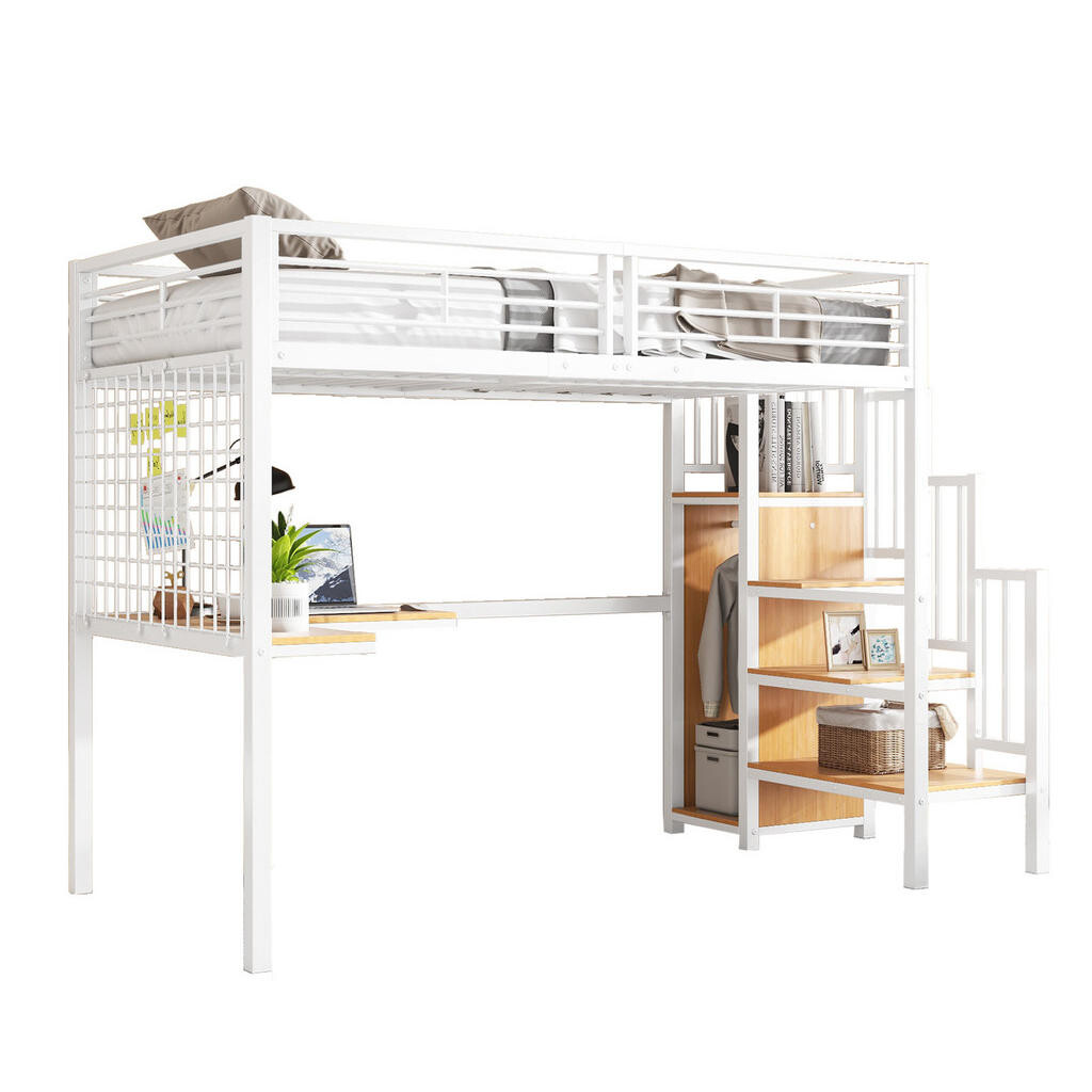OKWISH VYSOKÁ postel 90/200 cm bílá a přírodní s šatní skříní a stolem z kovu a MDF
