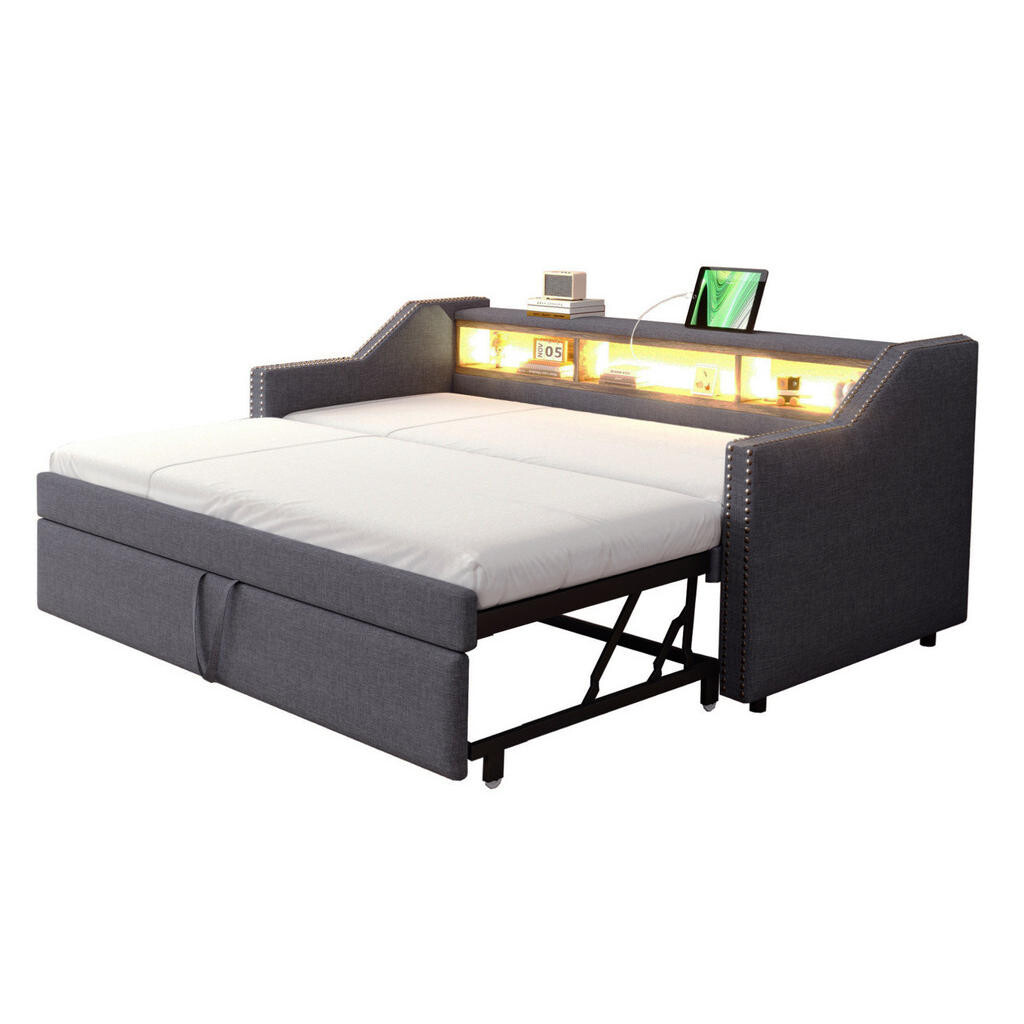OKWISH ROZKLÁDACÍ čalouněná postel 90/180x190 cm tmavě šedá z lněné tkaniny s LED a USB