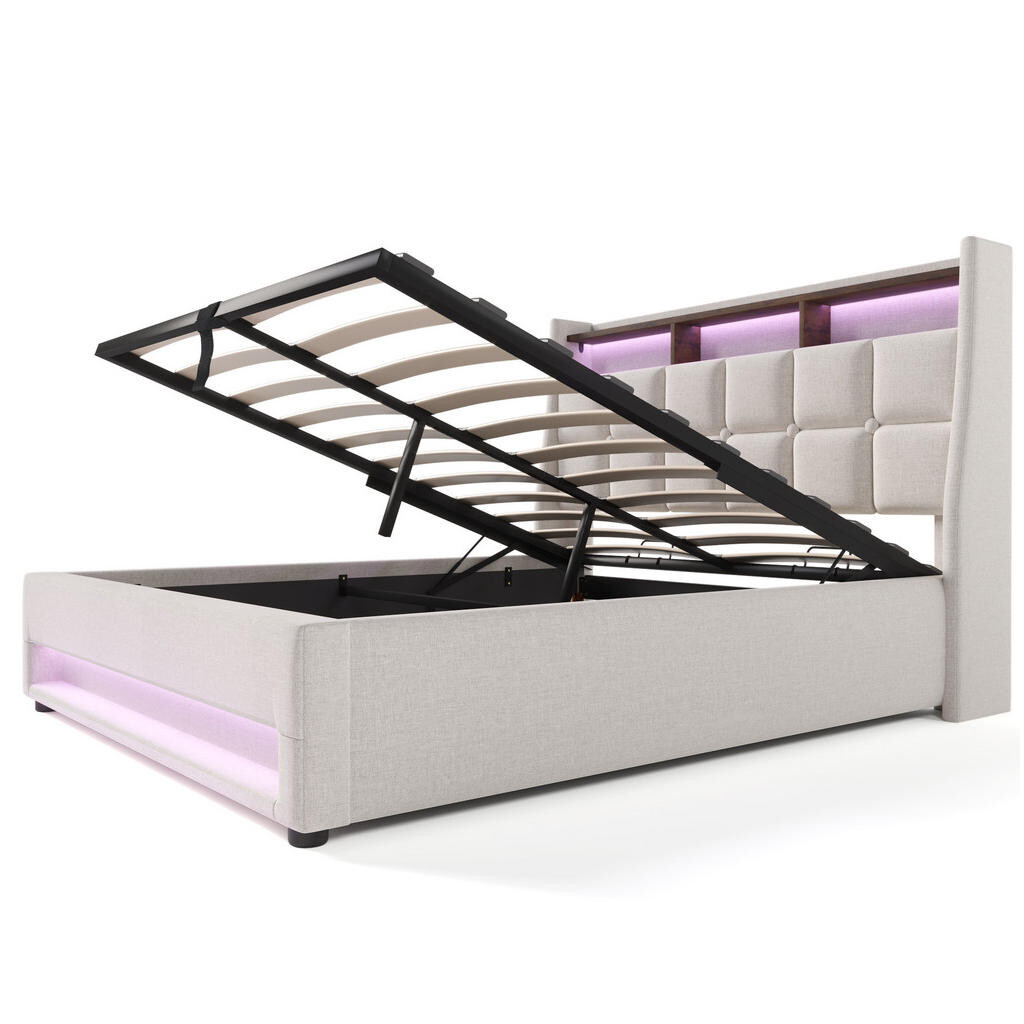 Redom ČALOUNĚNÁ postel 160/200 cm s LED osvětlením, USB portem a úložným prostorem, Světle béžová